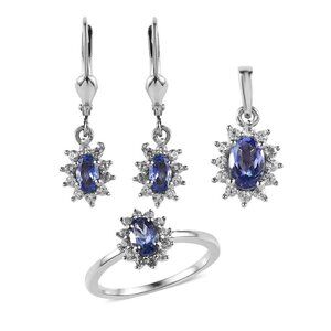 Tanzanite Jewelry Set Sunburst Earrings Ring and Pendant Platinum Over Sterling